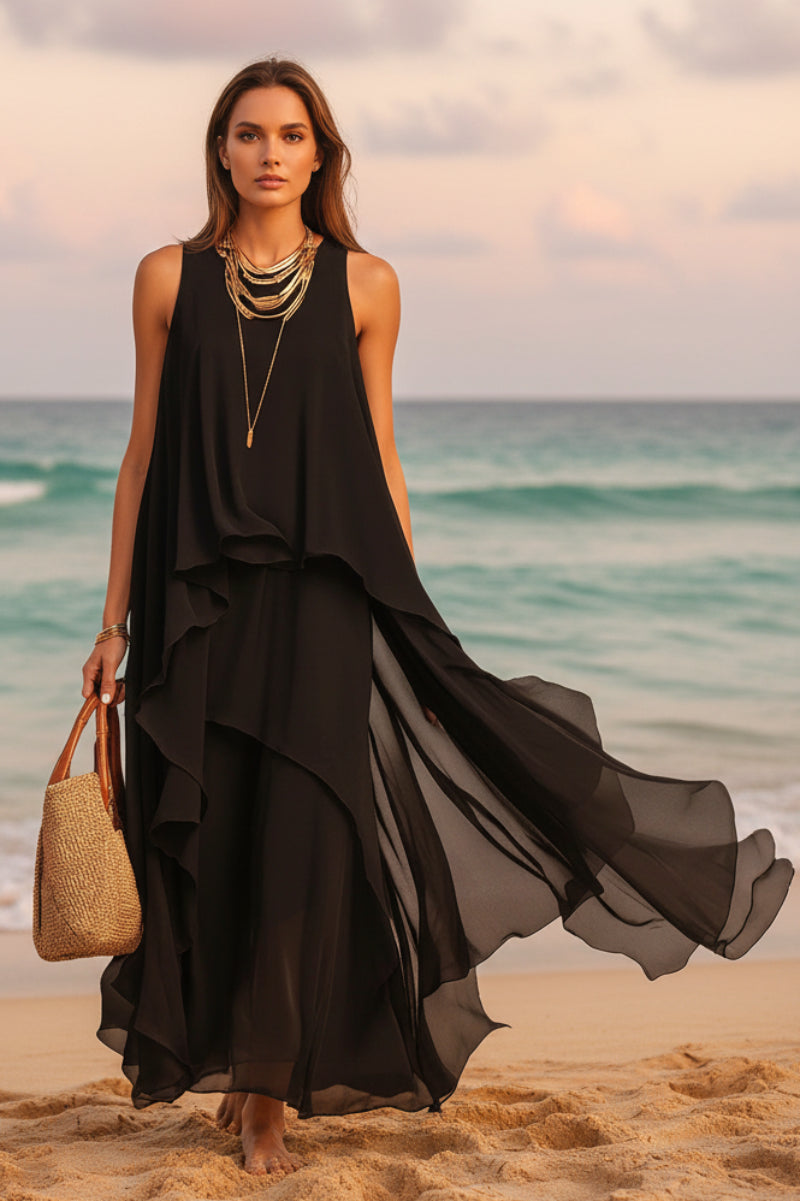 Black Asymmetrical Chiffon Maxi Dress – Flowy Sleeveless Boho A-Line L – Lala's Finds