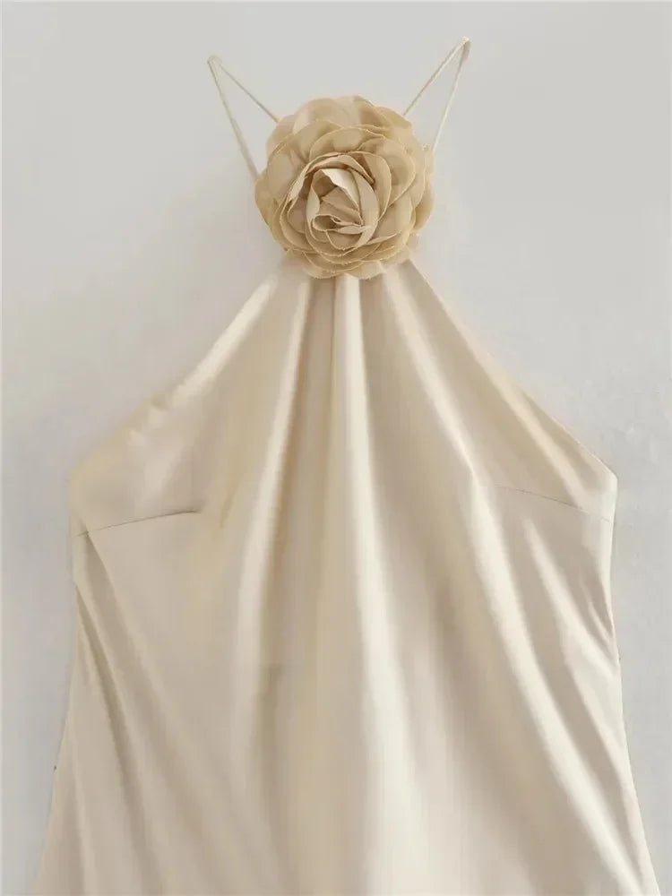 MUJER Flower Halter Dress Woman Off Shoulder Satin Long Dress Women Backless Sexy Evening Dresses Summer Party Dresses For Women